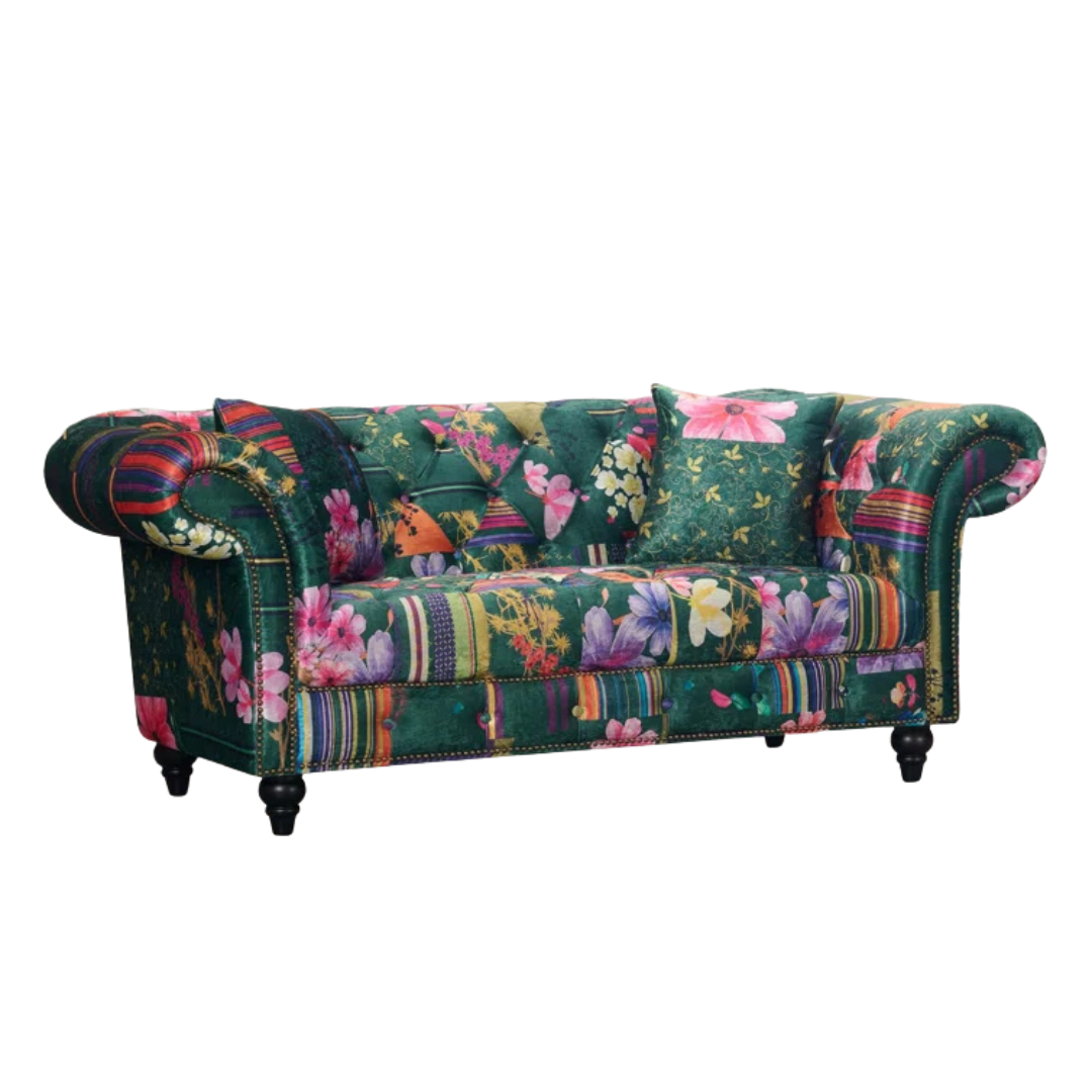 Green Floral 2 Seater Chesterfield Patchwork Sofa, white background.