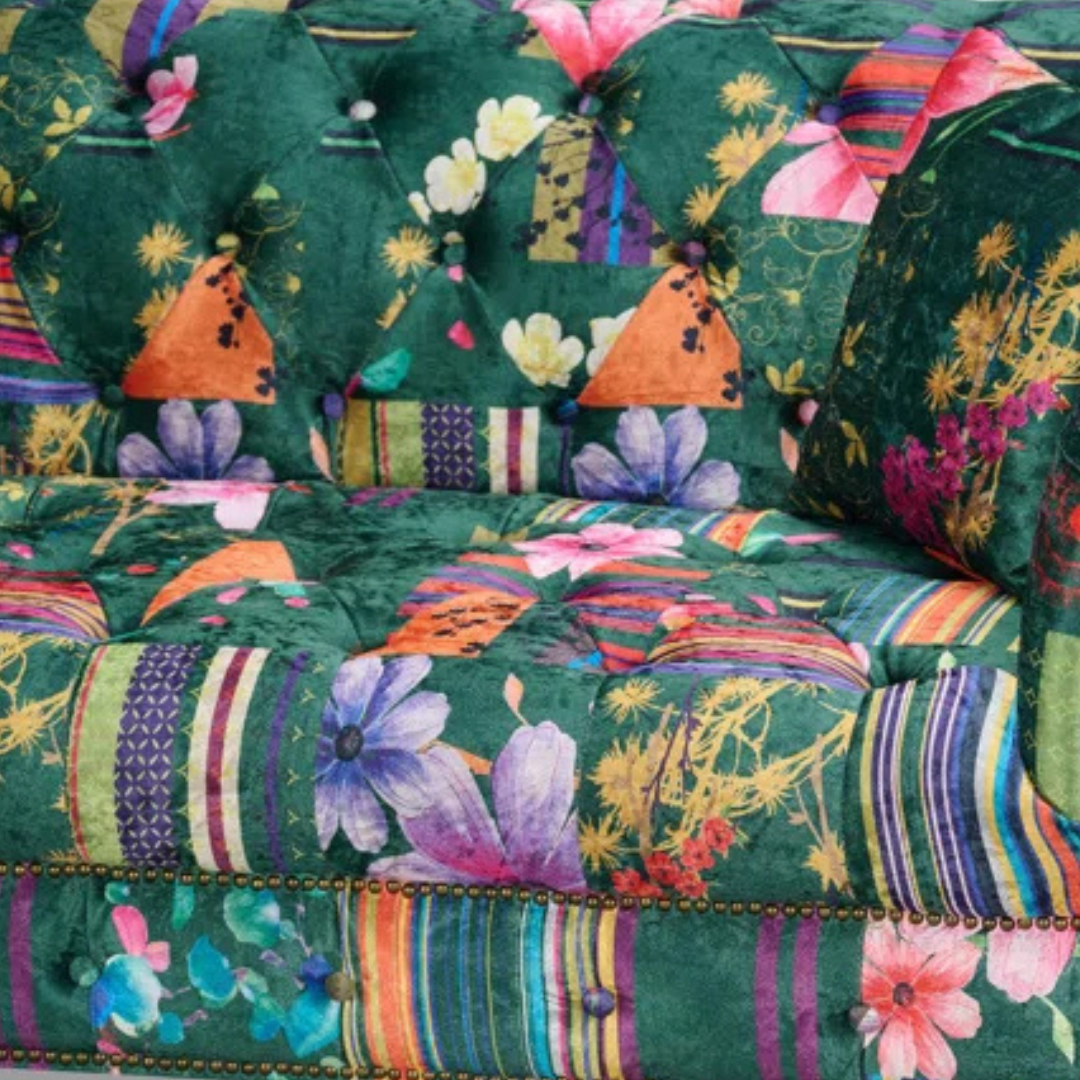 Green Floral 2 Seater Chesterfield Patchwork Sofa, close up of patchwork design.