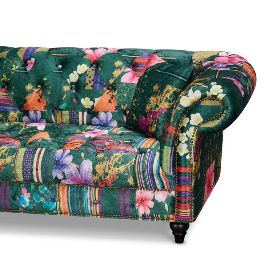 Green Floral 2 Seater Chesterfield Patchwork Sofa, close up to side sofa side.