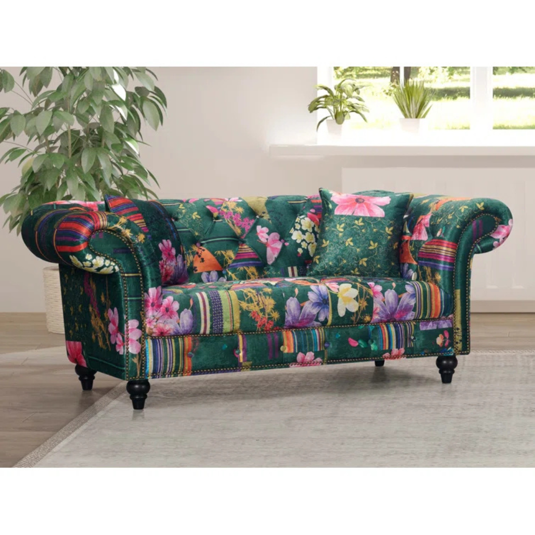 Green Floral 2 Seater Chesterfield Patchwork Sofa, set in a modern home.