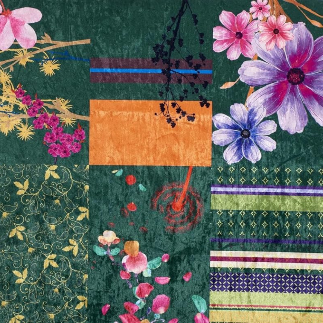 Green Multi Coloured Patchwork Corner Sofa, close up to patch work pattern.