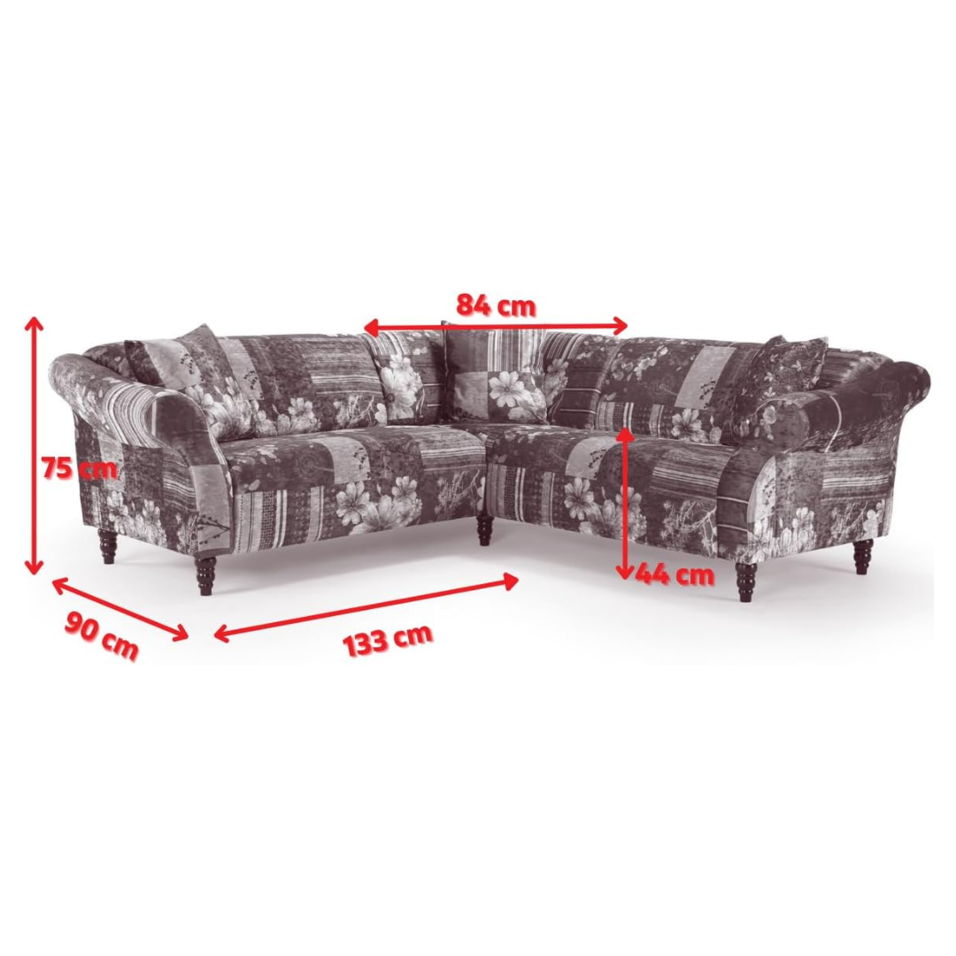 Green Multi Coloured Patchwork Corner Sofa, dimensions.