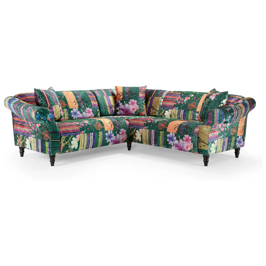 Green Multi Coloured Patchwork Corner Sofa, white background.