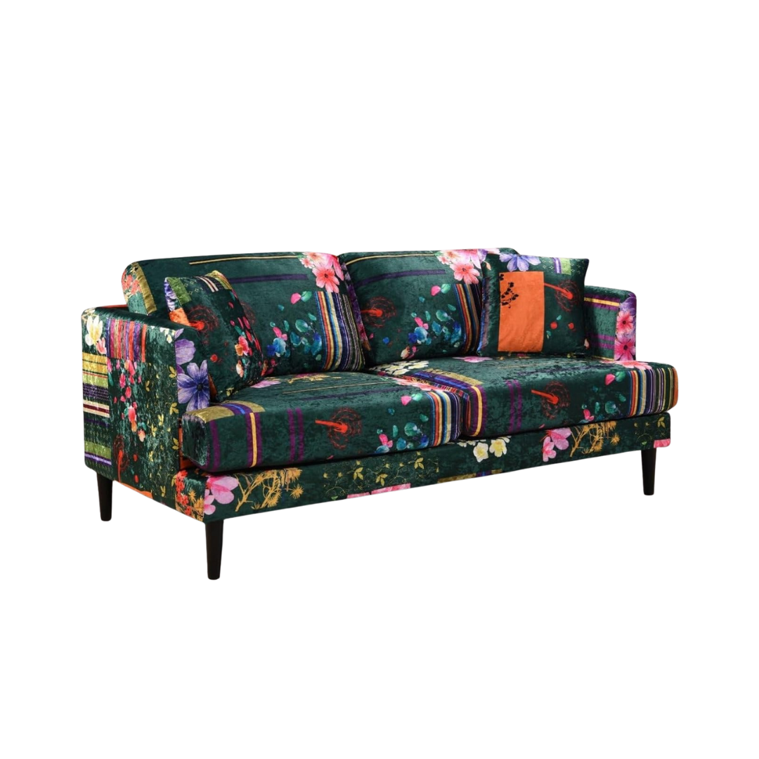 Green Patterned 3 Seater Patchwork Sofa, white background.