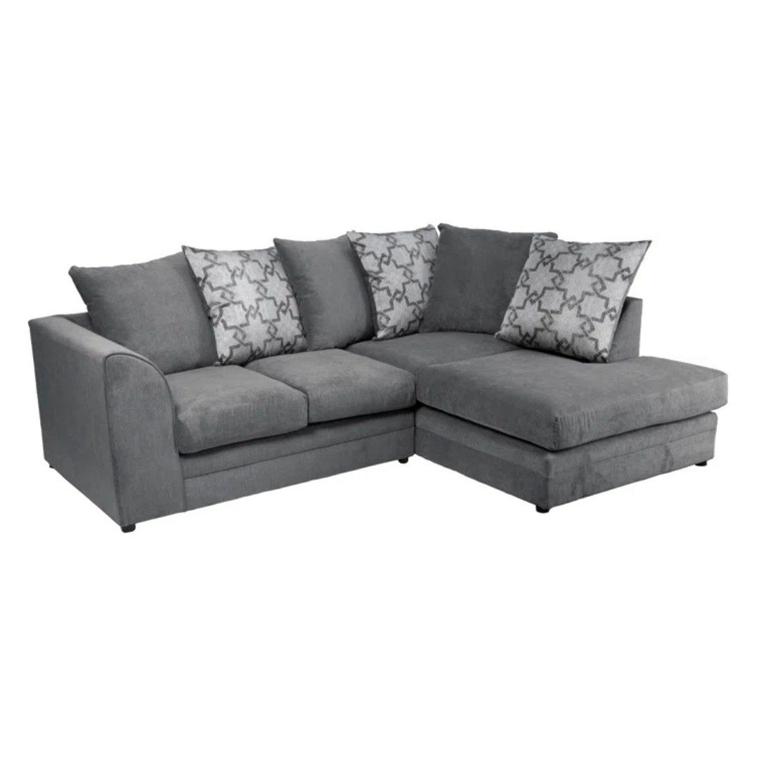 Grey Modern Corner Sofa With Pillows, white background, Right hand facing.
