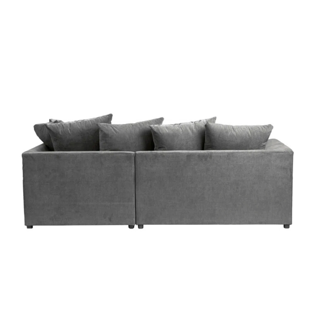 Grey Modern Corner Sofa With Pillows, white background, back view.