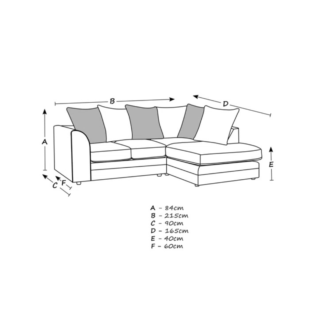 Grey Modern Corner Sofa With Pillows, dimensions.