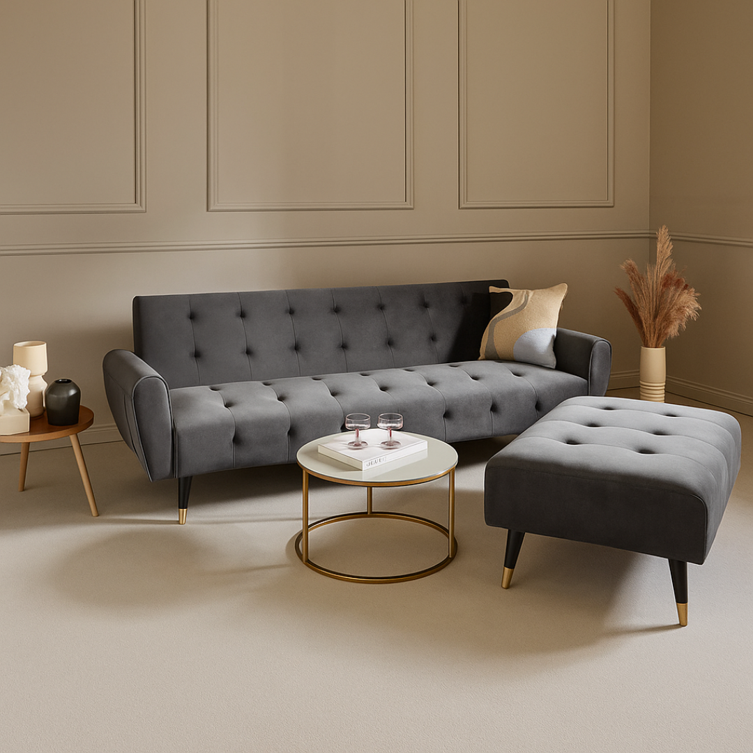 Grey Retro Style Sofa Bed With Ottoman, set in a modern home with ottoman seperated.