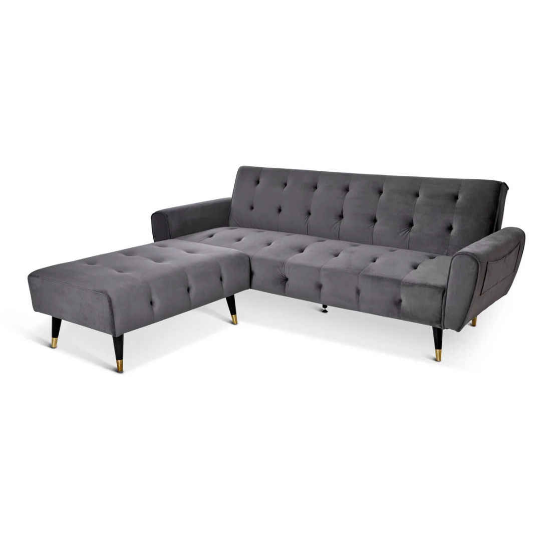Grey Retro Style Sofa Bed With Ottoman, white background.