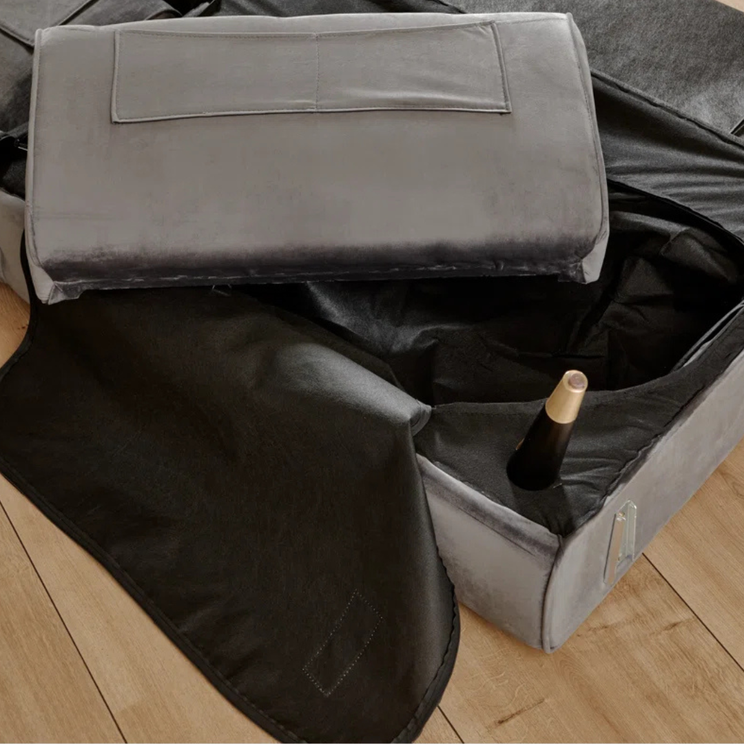 Grey Retro Style Sofa Bed With Ottoman, close up to underneath storage.