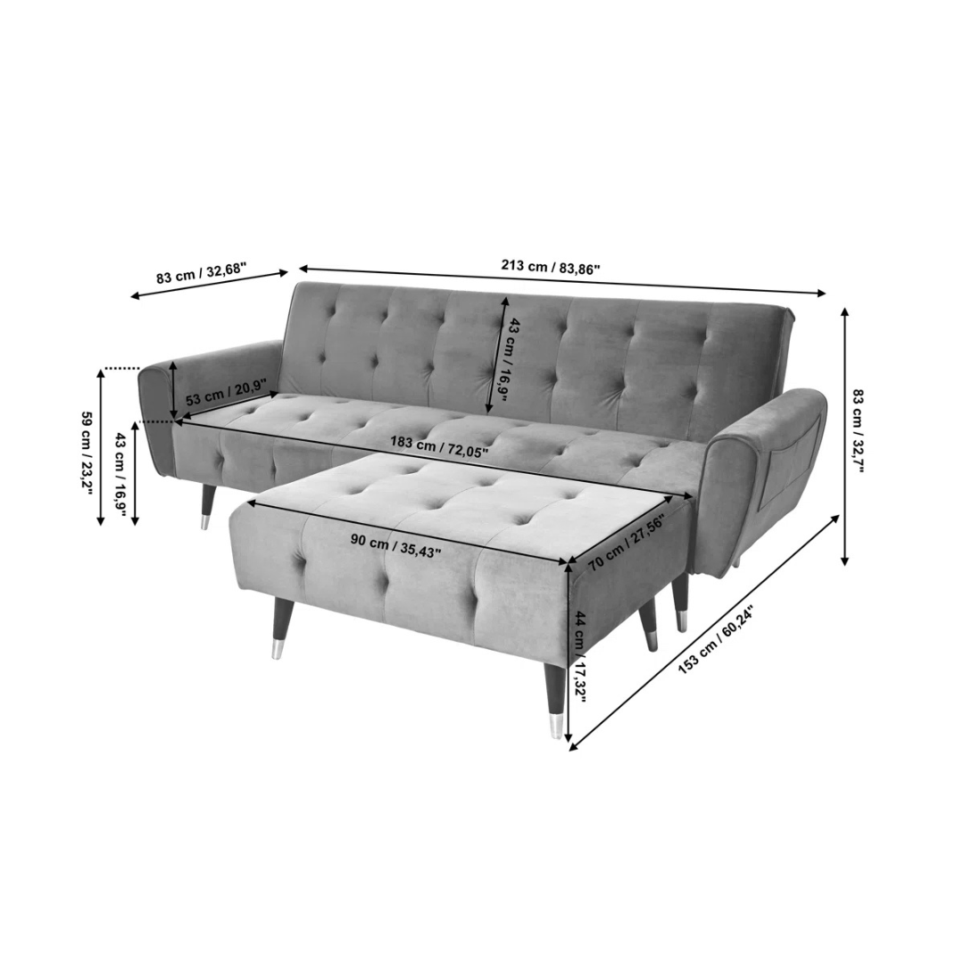 Grey Retro Style Sofa Bed With Ottoman, dimensions.