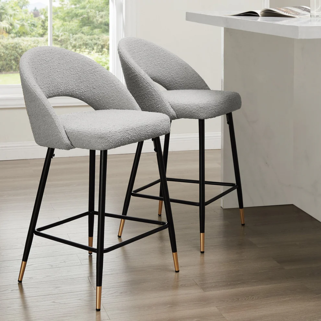 Grey Boucle Barstools Chairs - Set Of Two styled on a modern kitchen island
