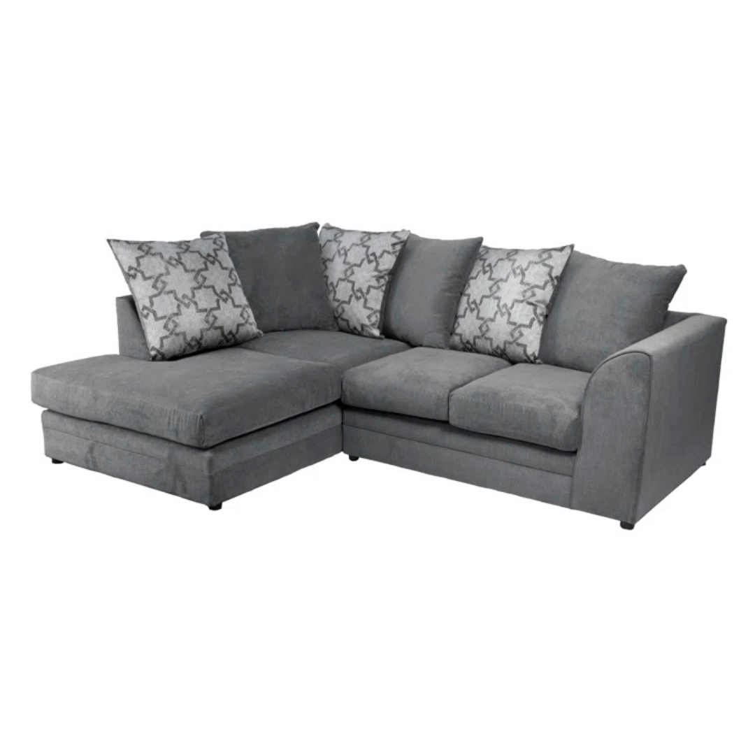 Grey Modern Corner Sofa With Pillows, white background, left hand facing.