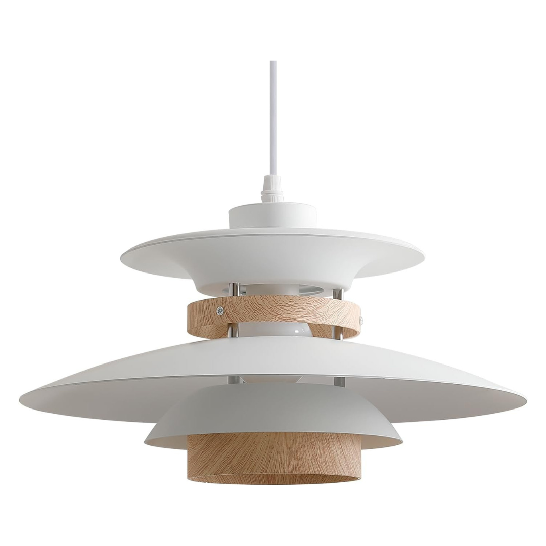 Modern pendant light with white and wood design on a white background