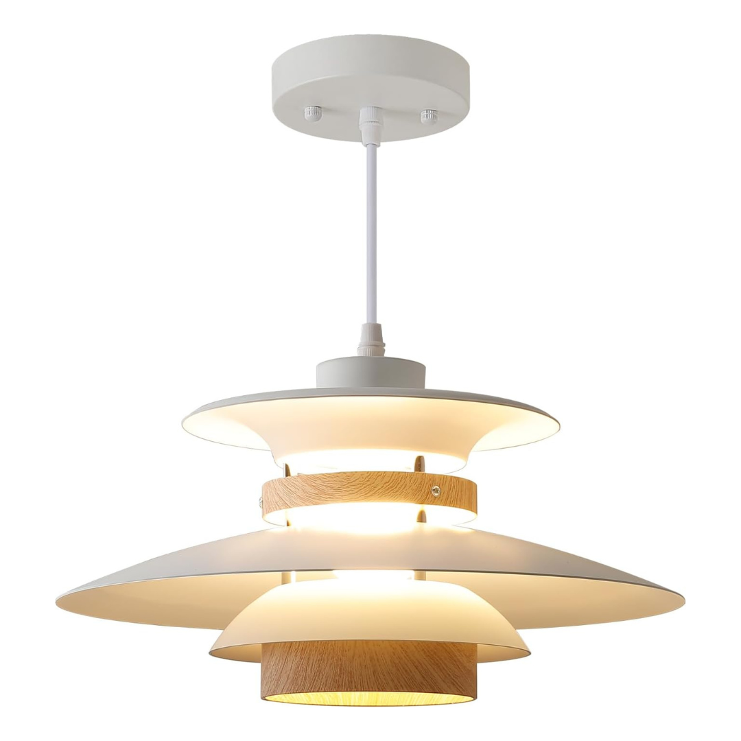 Modern pendant light with white and wooden design on a white background