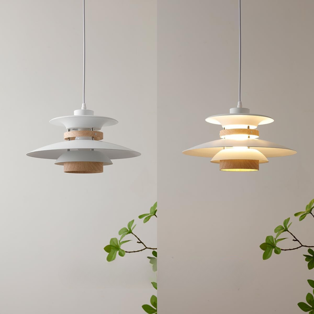 Two pendant lights with wooden accents on a neutral background
