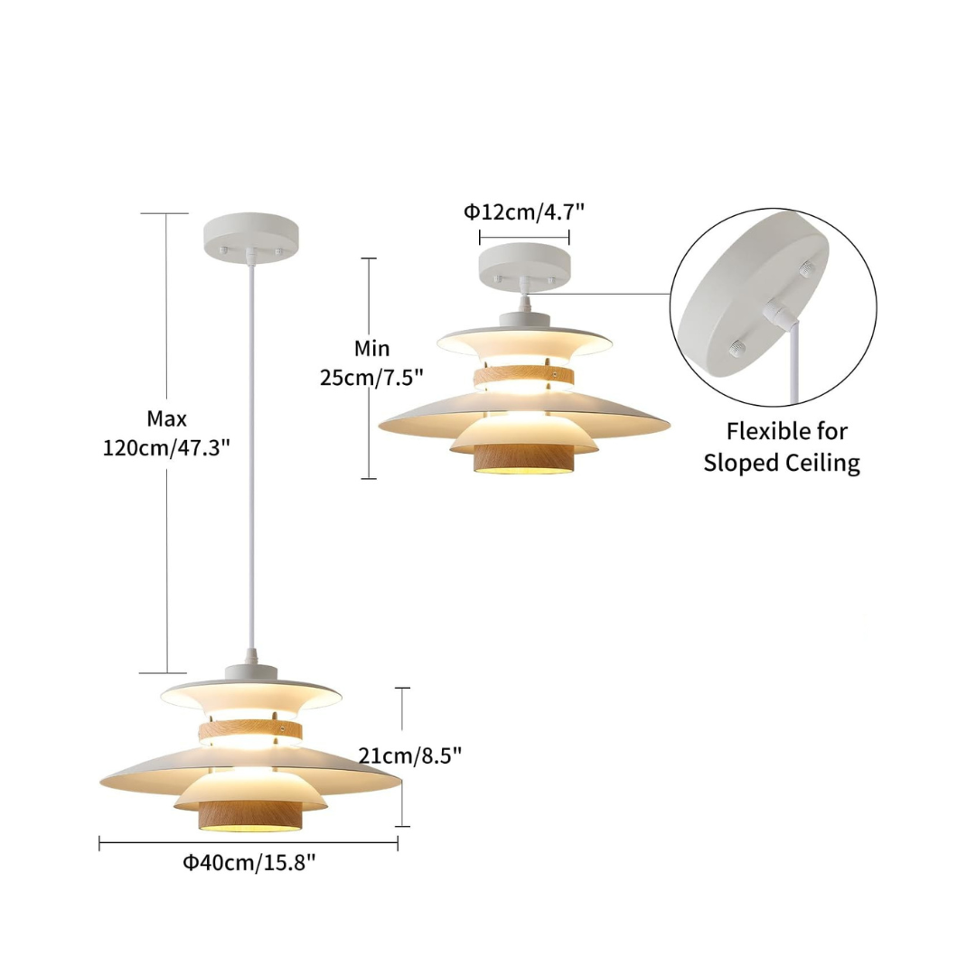 Ceiling light fixture with dimensions and flexibility features on a white background