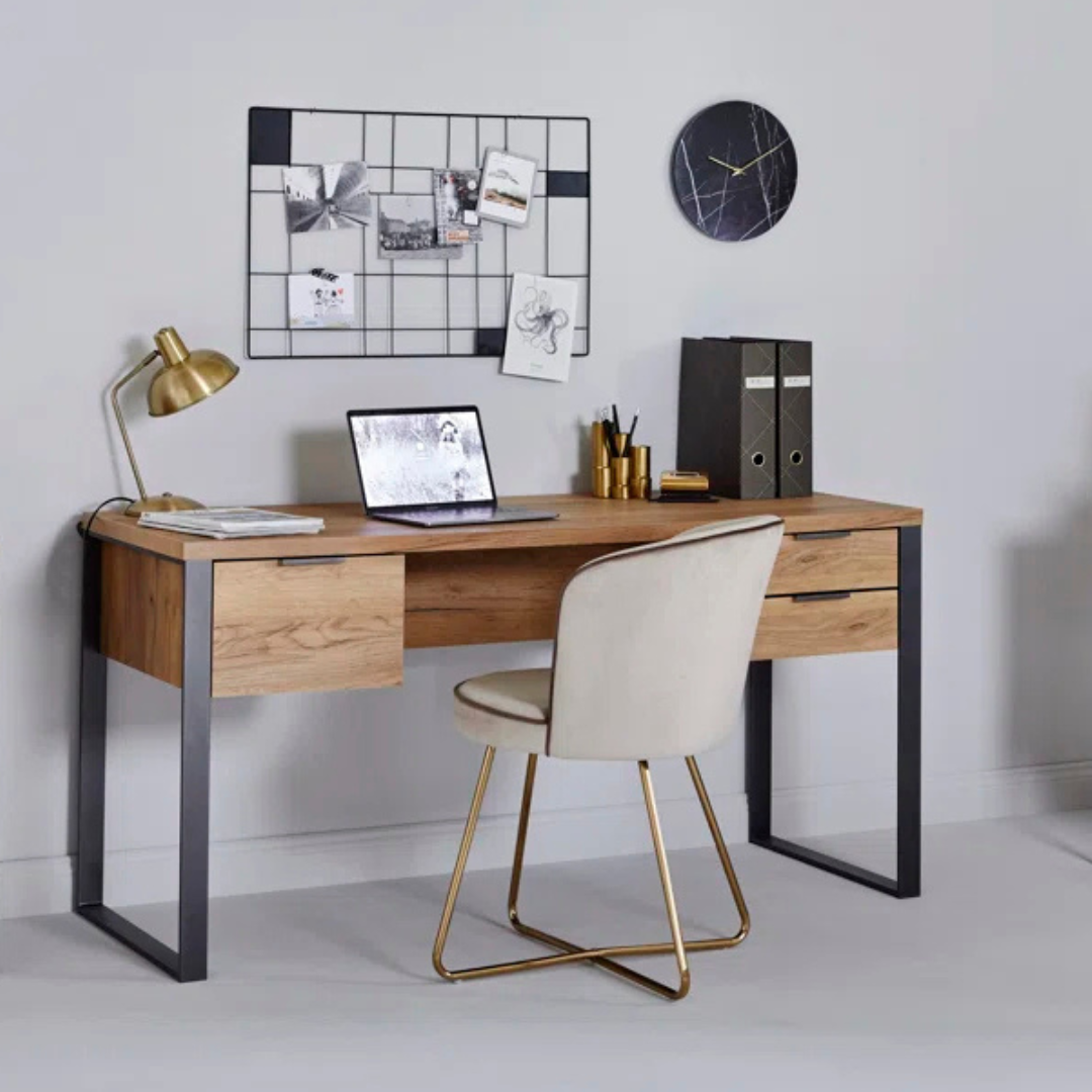 Industrial Wood Desk With Storage, set in a modern office.