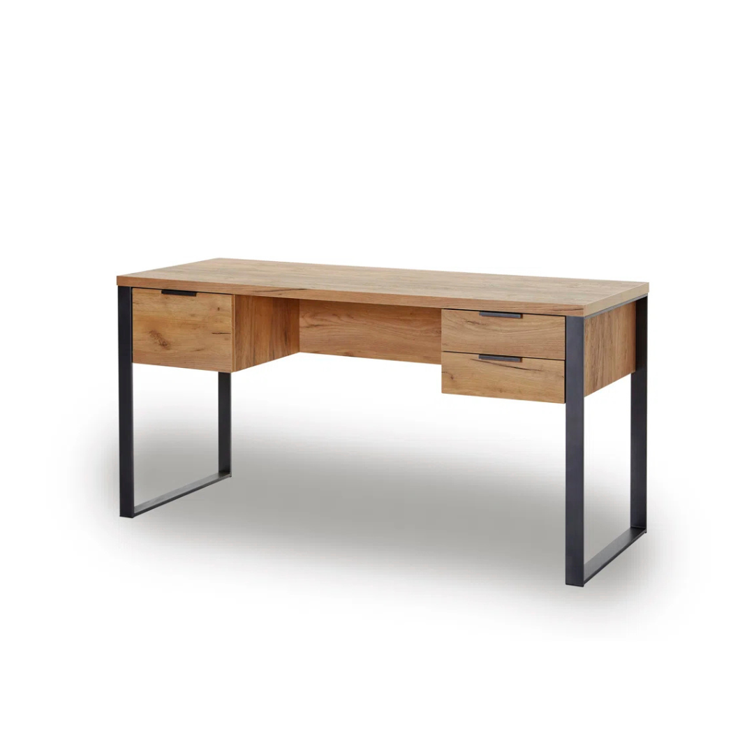Industrial Wood Desk With Storage, angled, view, white background.