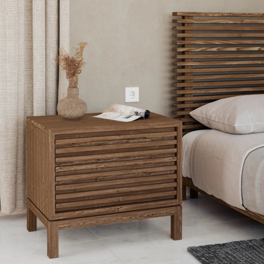 Brown Japandi Solid Wood Bedside Cabinet, in a modern bedroom.