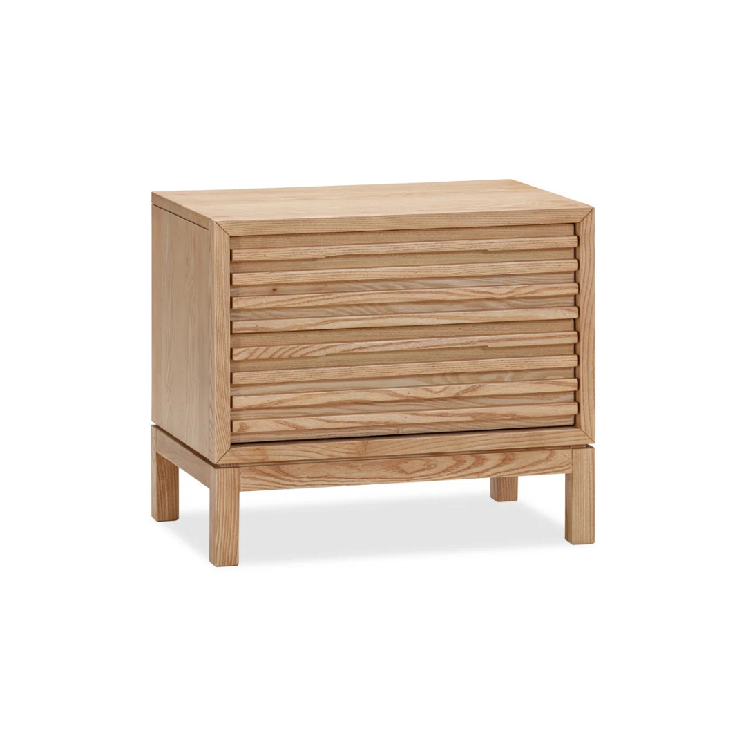 Japandi Solid Wood Bedside Cabinet, white background, natural colour.