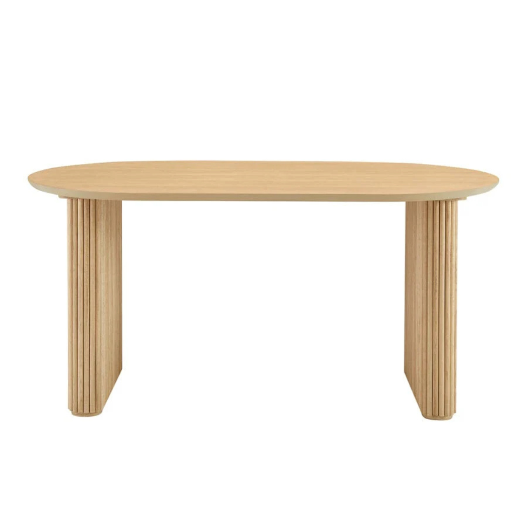 Japandi Wooden Oval Dining Table, white background, side view.