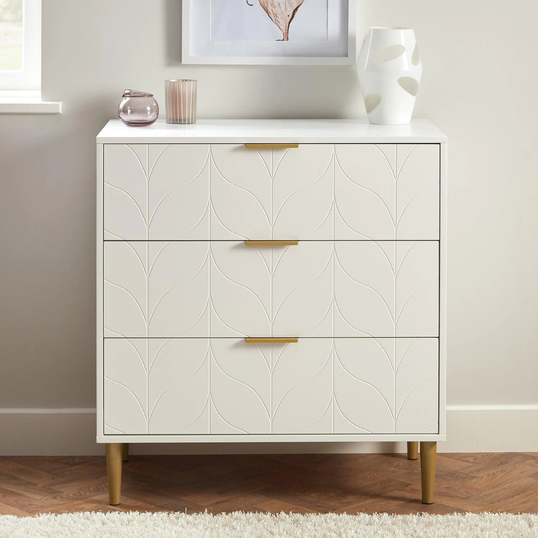 Leaf Design 3 Drawer Chest Of Drawers White, set in a modern home, front view.
