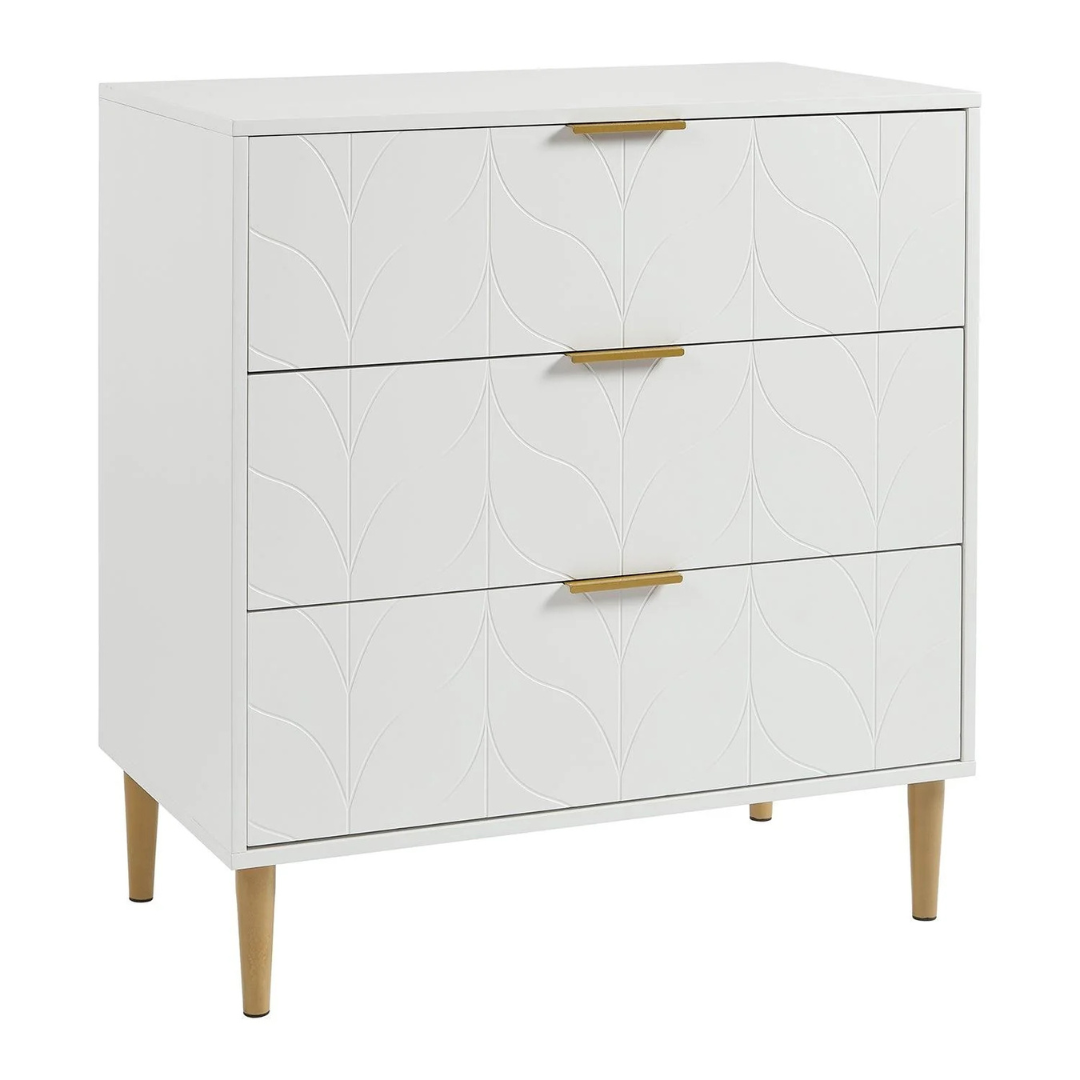 Leaf Design 3 Drawer Chest Of Drawers White, white background.