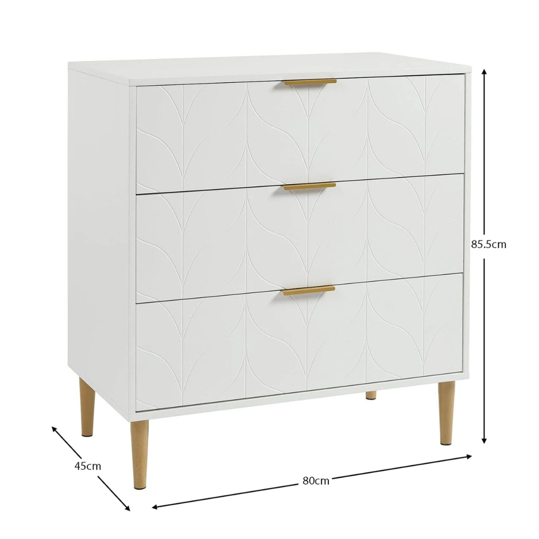 Leaf Design 3 Drawer Chest Of Drawers White, dimensions.