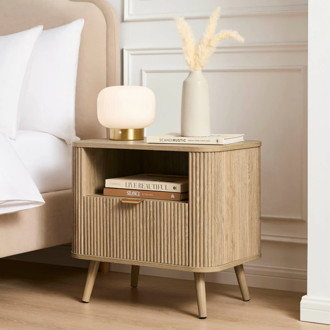 Light Wood Panel Bedside Table And Shelves