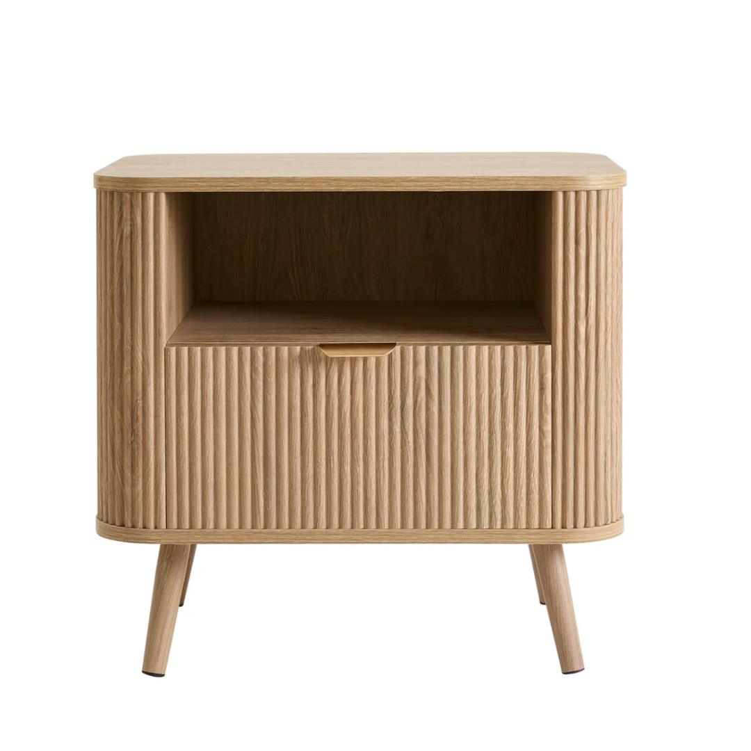 Light Wood Panel Bedside Table And Shelves
