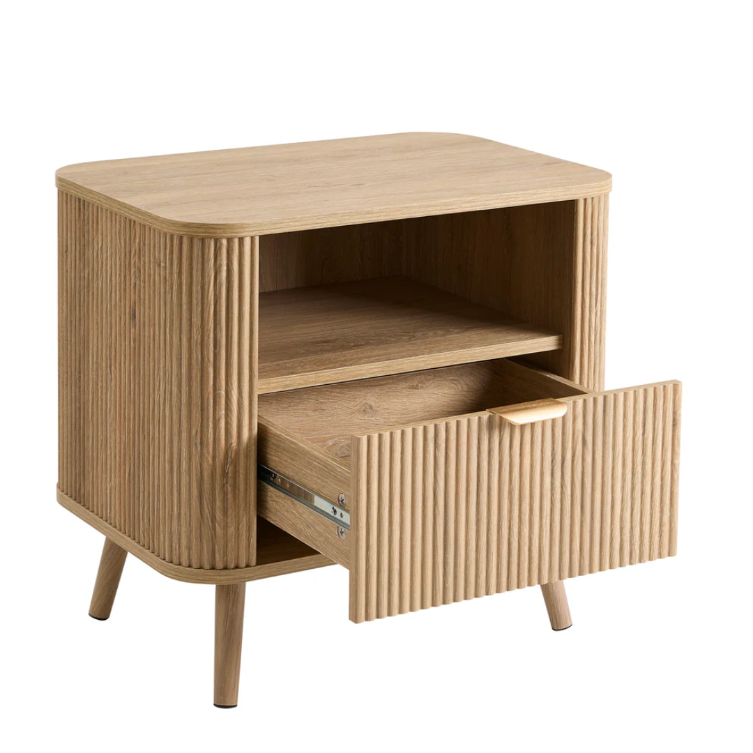 Light Wood Panel Bedside Table And Shelves