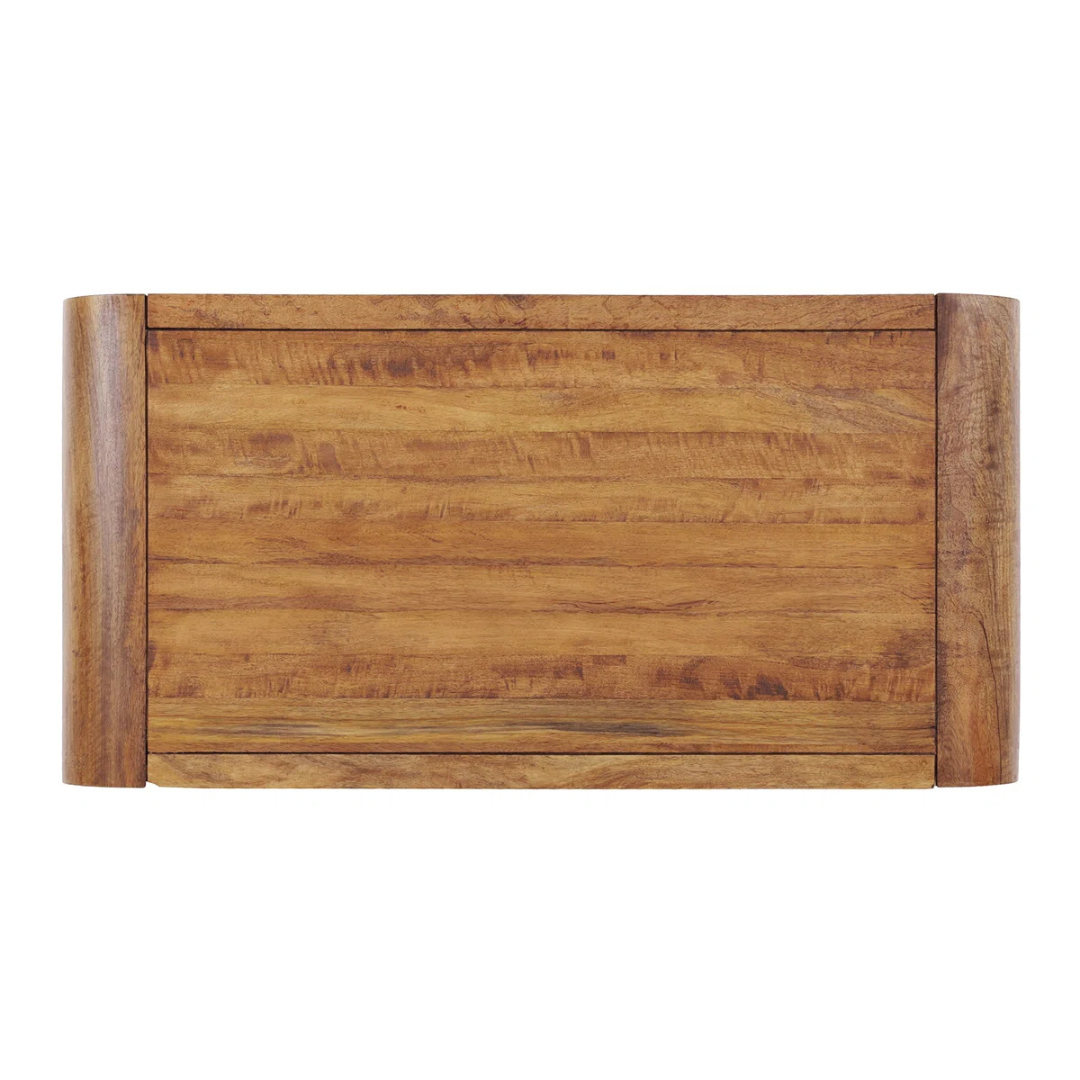 Mango wood curve coffee table with rounded edges, white background, top view.