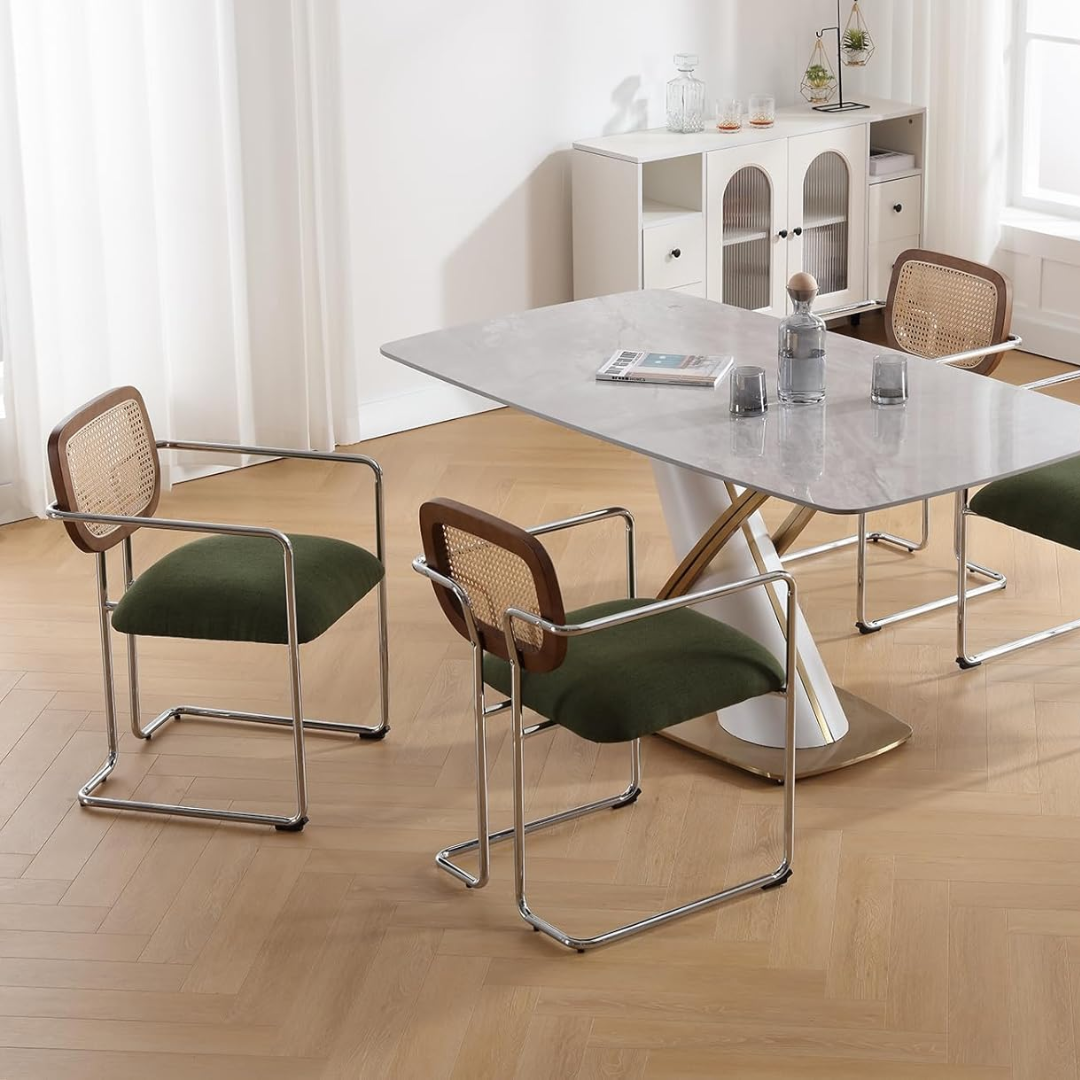 Metal Frame Khaki Dining Table Rattan Chairs top view
