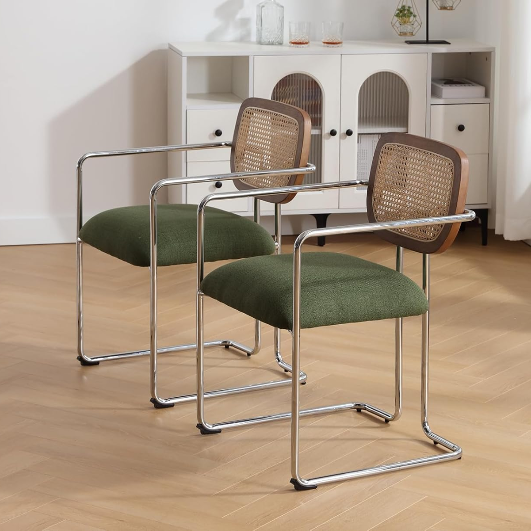 Metal Frame Khaki Dining Table Rattan Chairs side view
