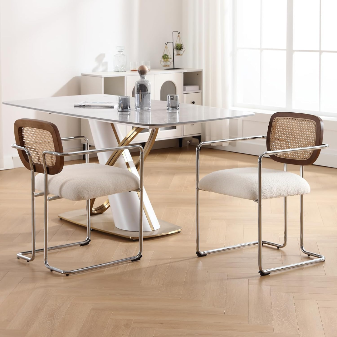 Metal Frame Dining Table Rattan Chairs styled in a mid century dining room