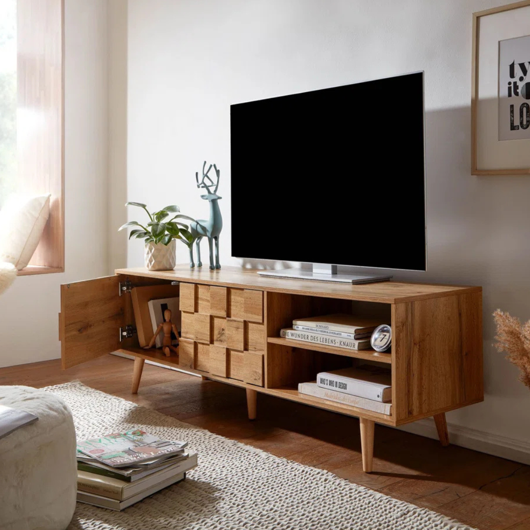 Mid-Century Modern TV Cabinet, set in a mid-century modern home, with cabinet door open.