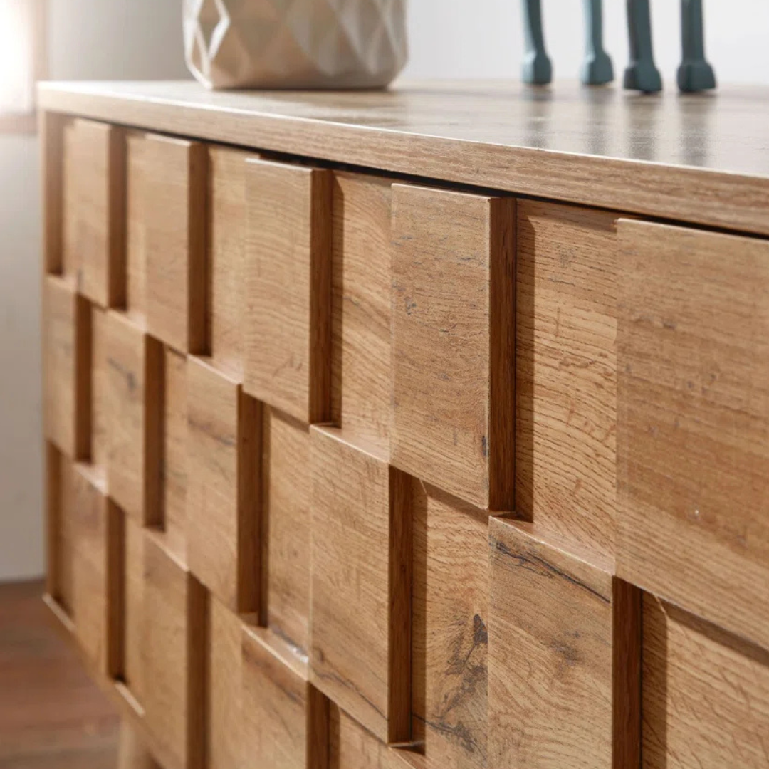 Mid-Century Modern TV Cabinet, close up to square 3D design.