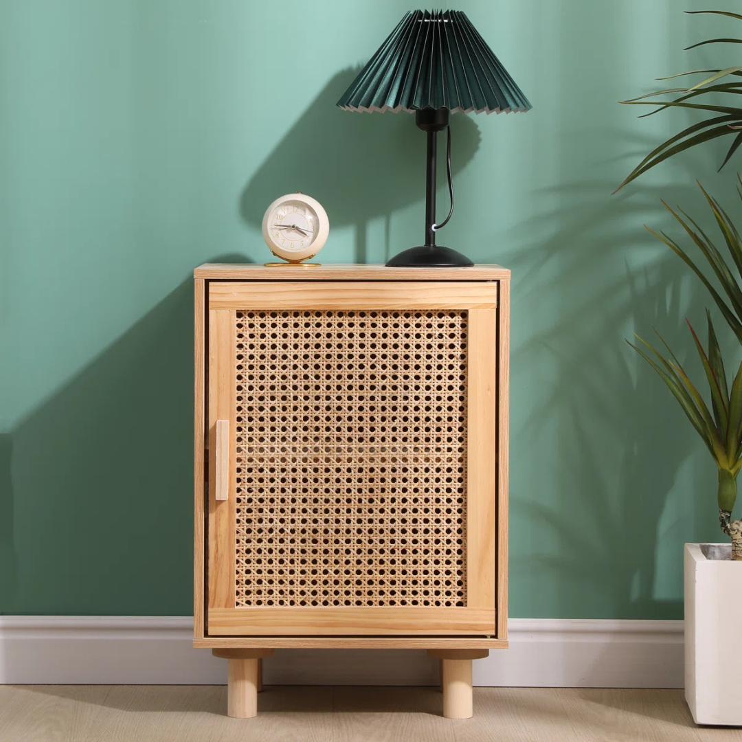 Mid-Century Rattan Cane Bedside Cabinet, set in a mid century home, , front view.