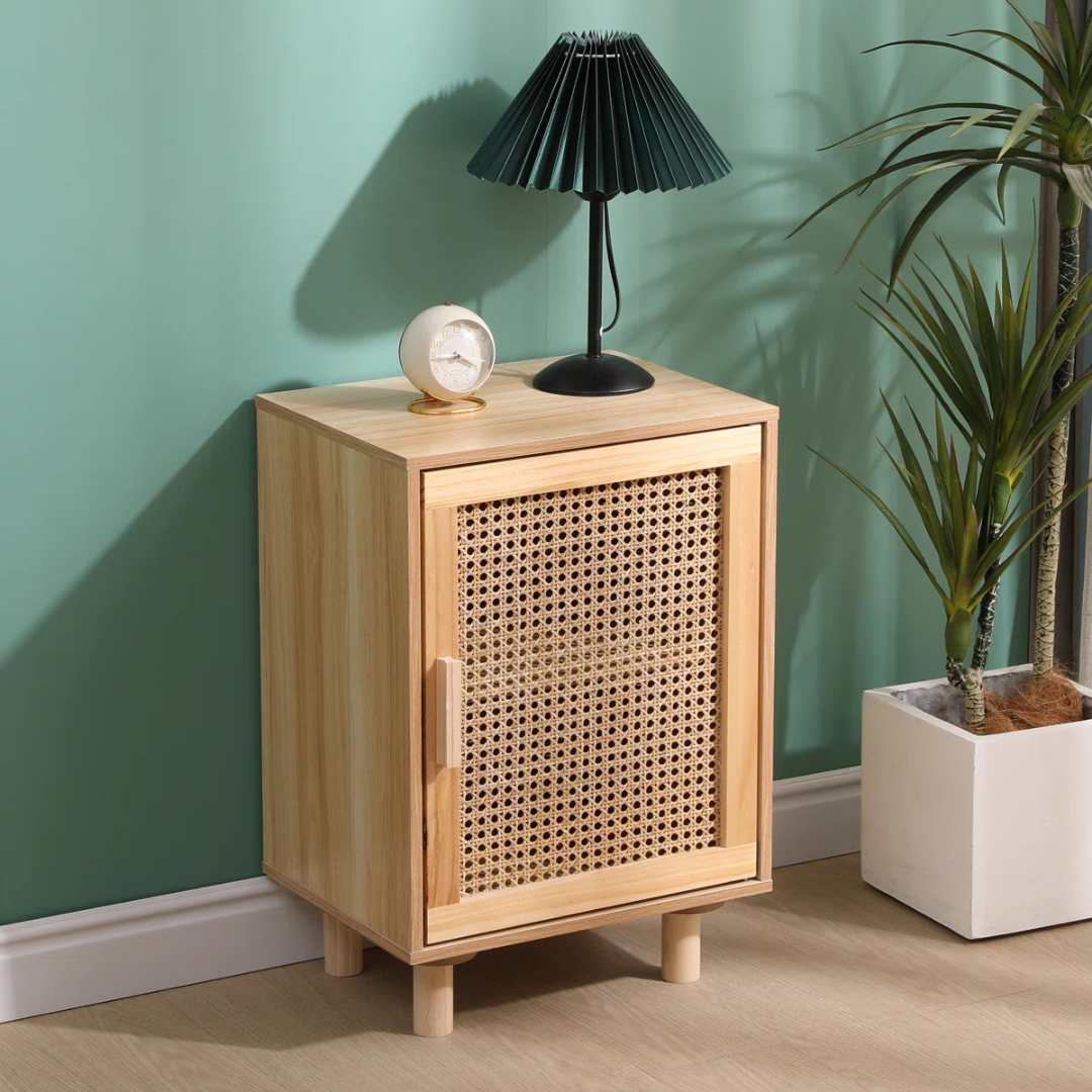 Mid-Century Rattan Cane Bedside Cabinet, set in a mid century home, , angled view.