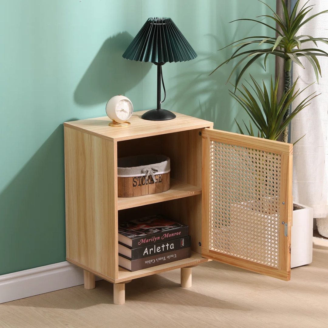 Mid-Century Rattan Cane Bedside Cabinet, set in a mid century home, cabinet door open.