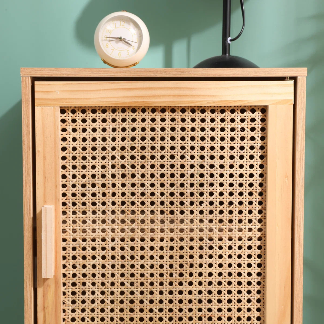 Mid-Century Rattan Cane Bedside Cabinet, close up to cane door.