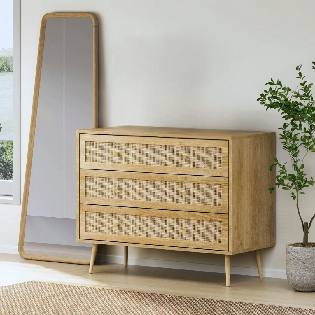 Mid-Century Rattan Bedroom Chests Of Drawers, set in a modern home.
