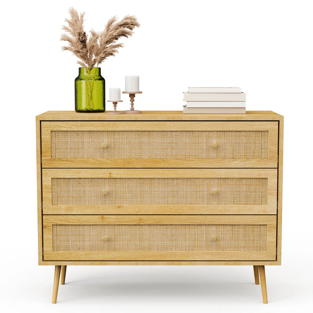 Mid-Century Rattan Bedroom Chests Of Drawers, white background, front view.