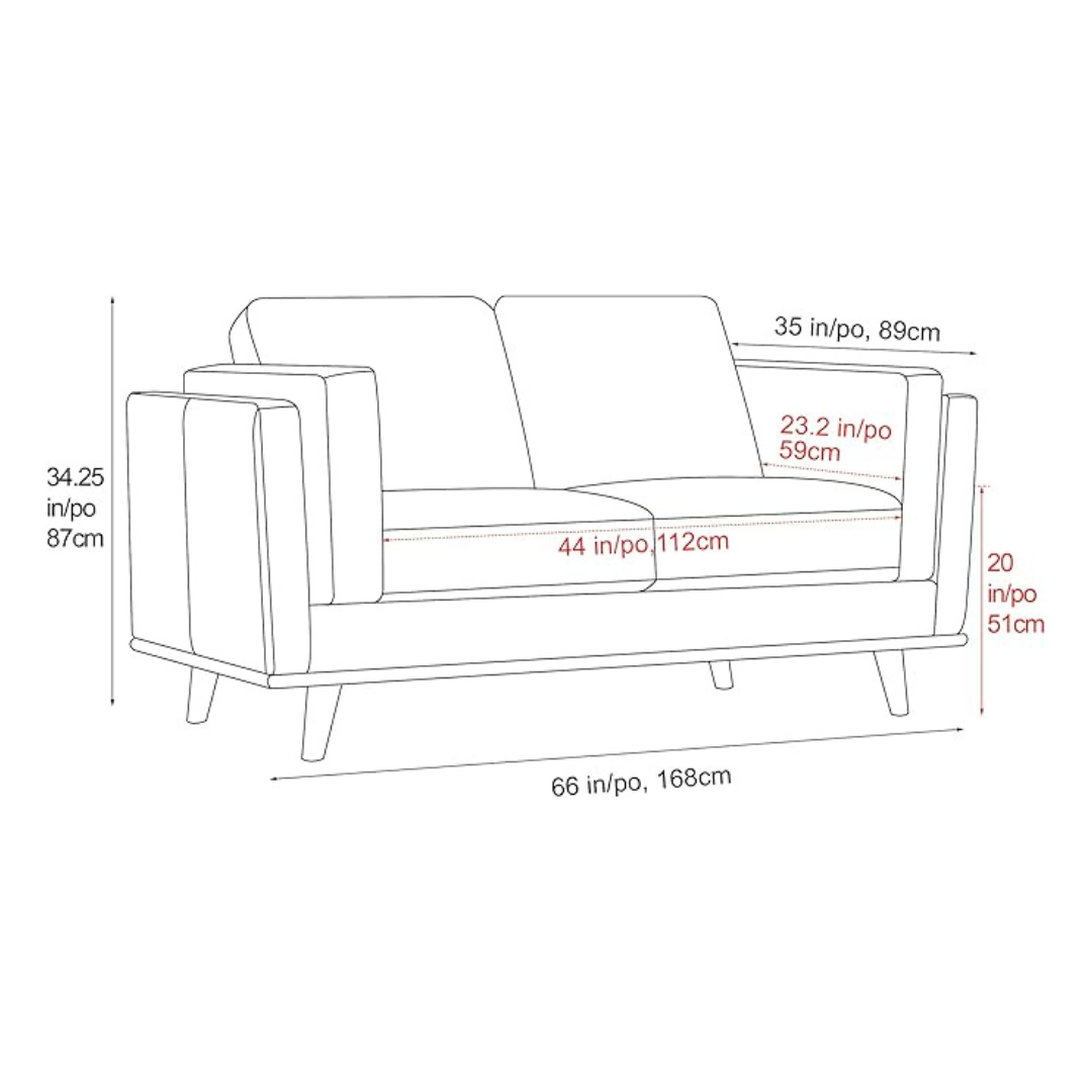 Mid Century Modern 2 Seat Real Leather Sofa, dimensions