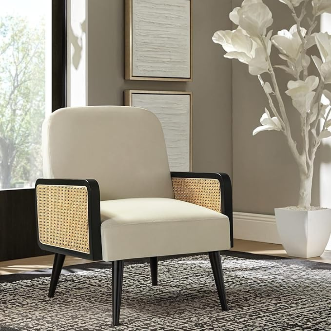 mid century modern black rattan armchair, set in a modern living room.