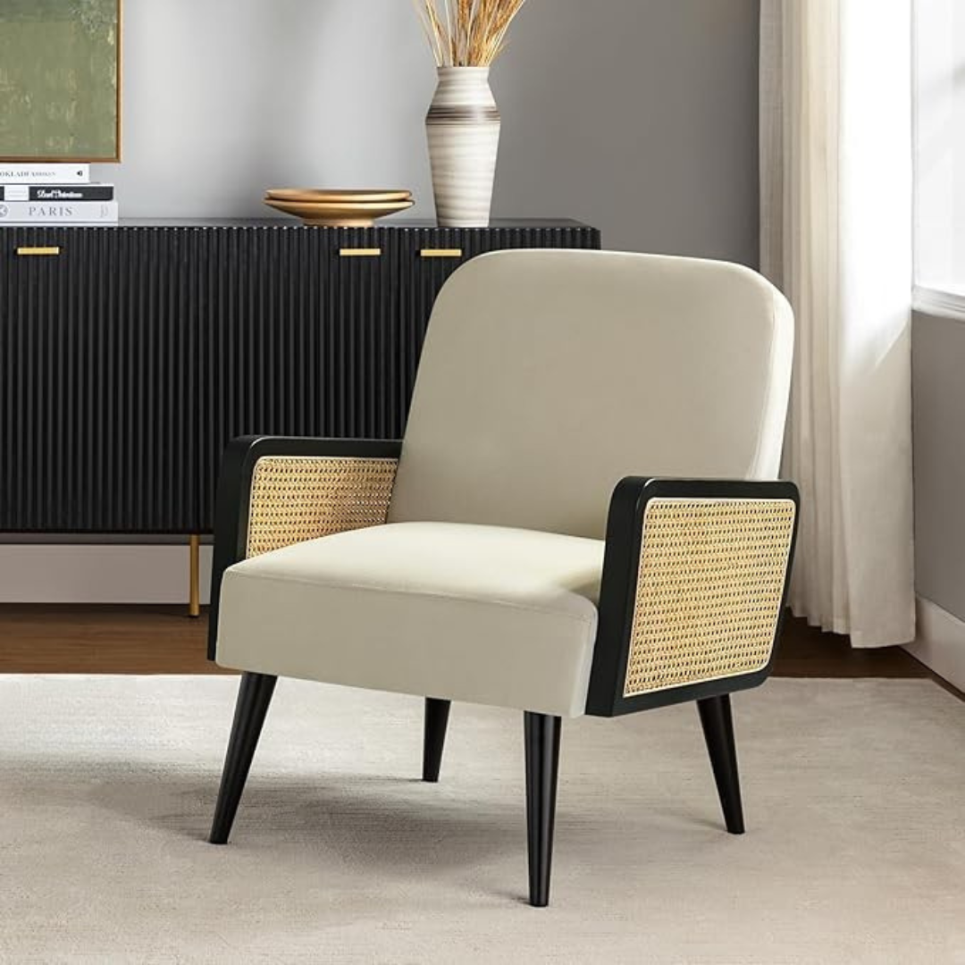 mid century modern black rattan armchair, set in a mid century living room.