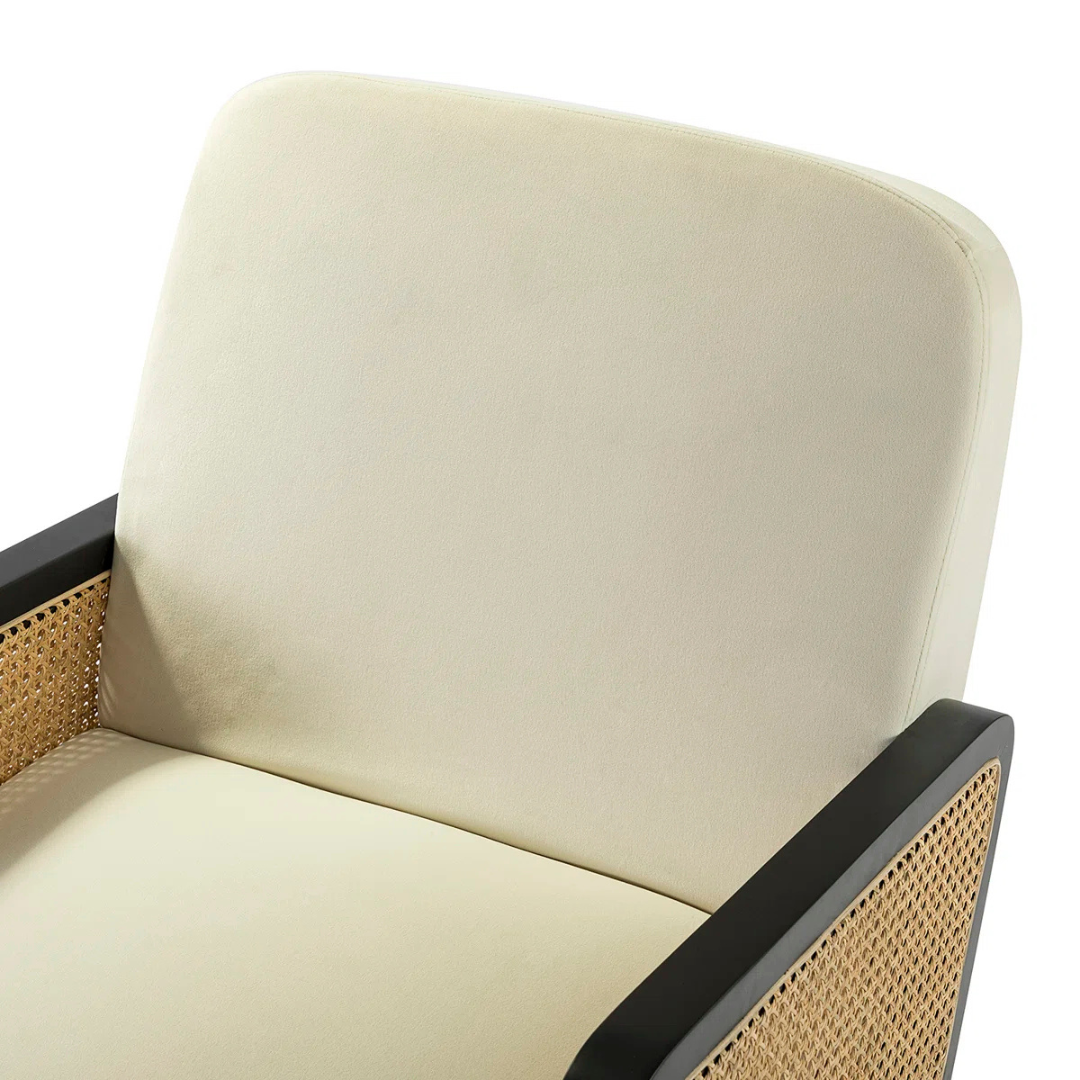 mid century modern black rattan armchair, close up to chairs design.