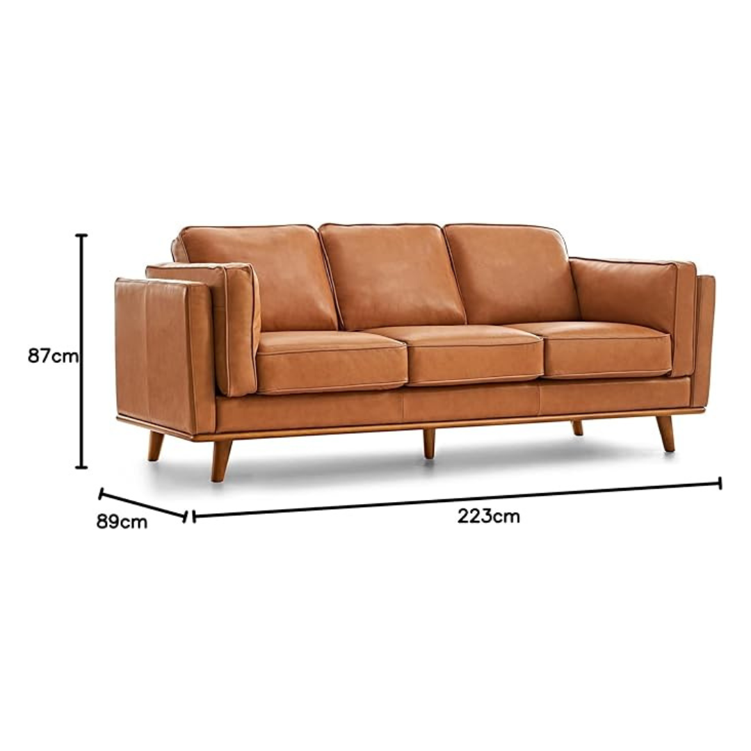 Brown leather sofa with dimensions on a white background