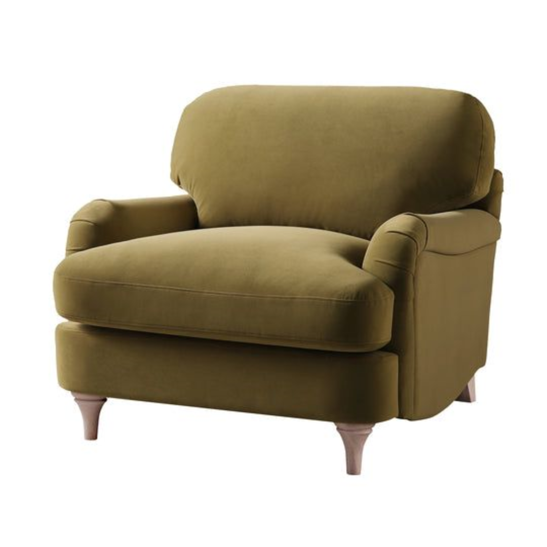 Mid Century Modern Olive Green Armchair front view against a white background